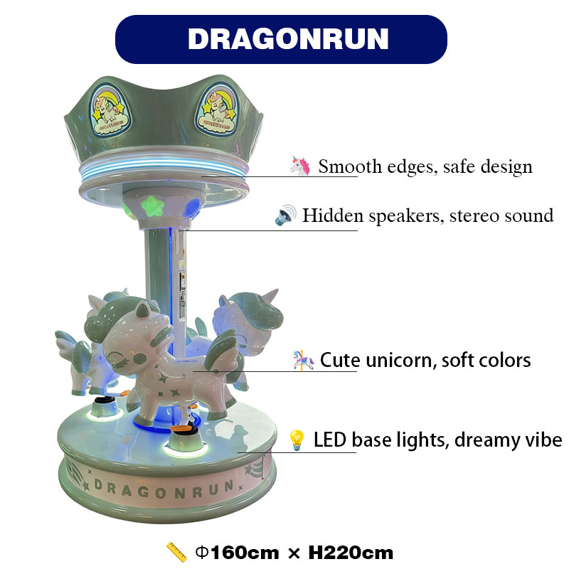 Unicorn Themed Metal Carousel Arcade Ride LED Lighted Coin Operated Customizable Kids Amusement Game Indoor Playground