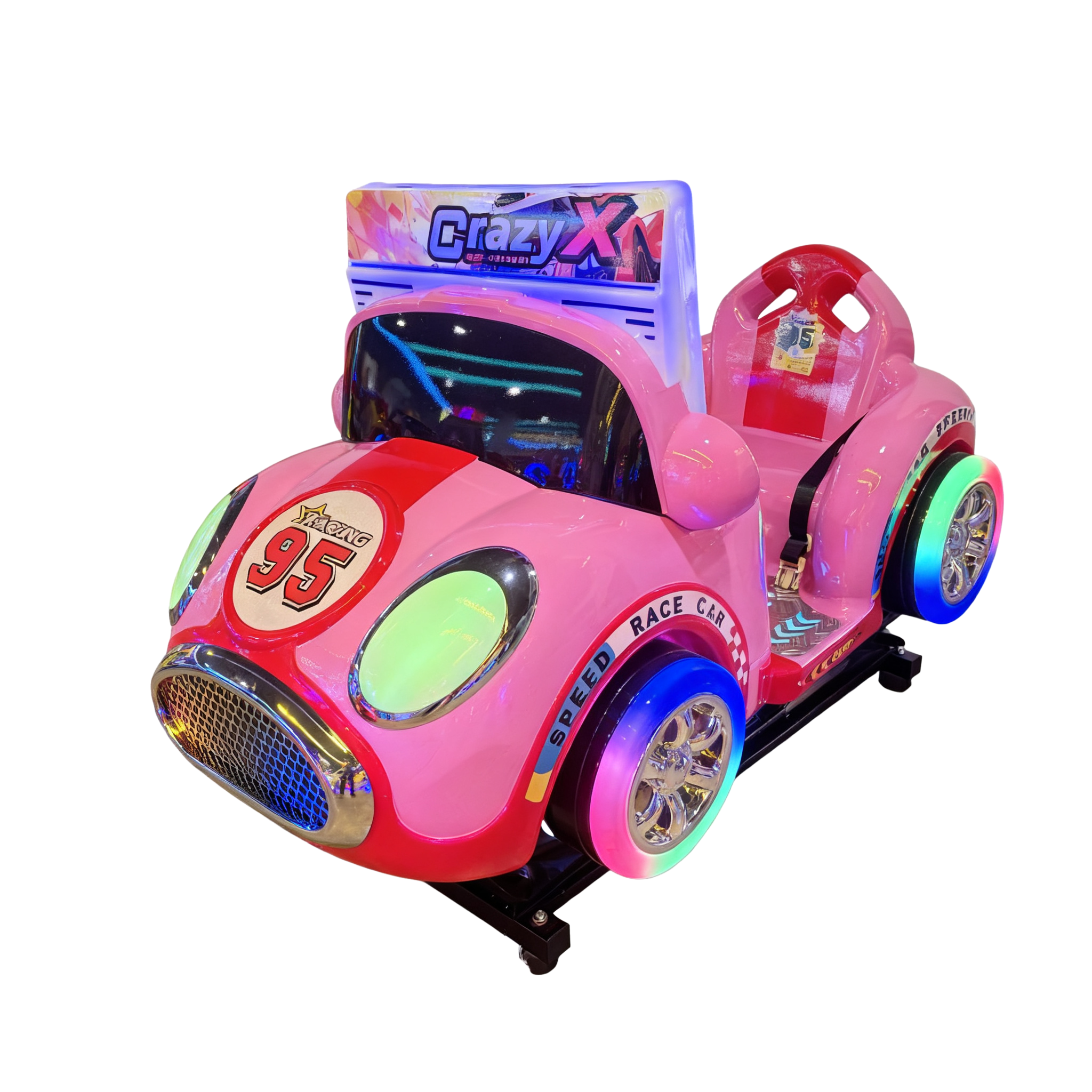 Pink Race Car Themed Kids Arcade Ride LED Lighted Coin Operated Amusement Game Metal Construction for Indoor Play English