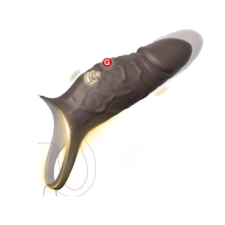 Anillo Retardante Masculino con Diseño de Dientes de Lobo, Condón con Foreskin y Vibración de 10 Frecuencias, Silicona Sólida Recargable
