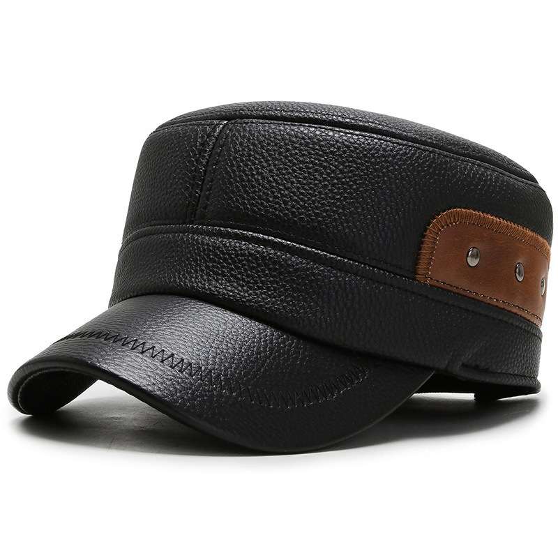 New Model of PU Flat-top Hat for Middle Aged and Elderly Men with Ear protection and Warm Keeping Cotton Lining
