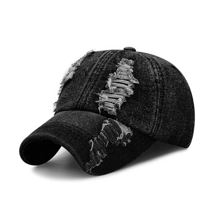 Customizable Vintage Washed Cotton Dad Hat Sporty Street Style Ripped Embroidered Logo Baseball Cap Fashion Denim Sport Cap