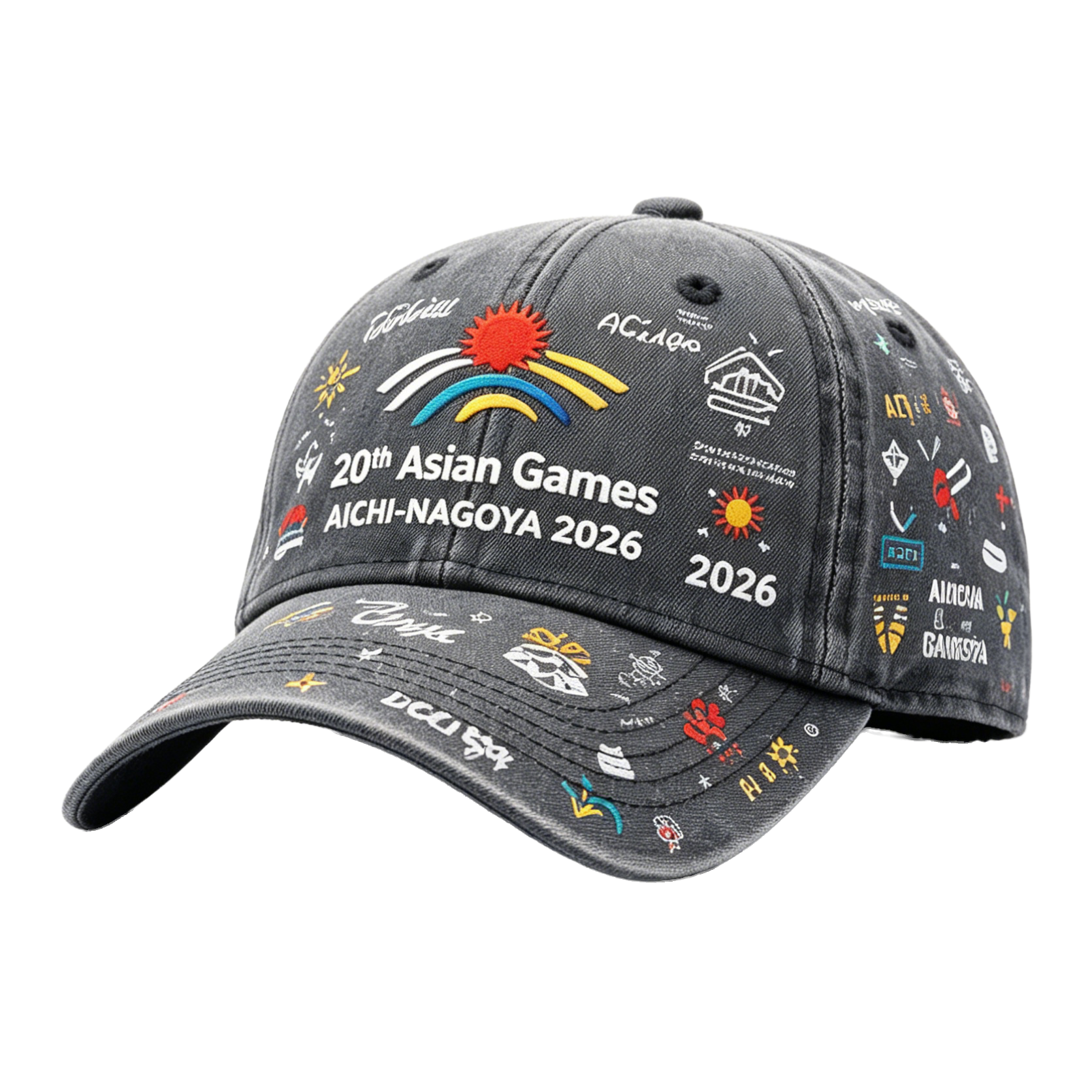 20th Asian Games Aichi-Nagoya 2026 Embroidered Gray Adjustable Cotton Denim Baseball Cap
