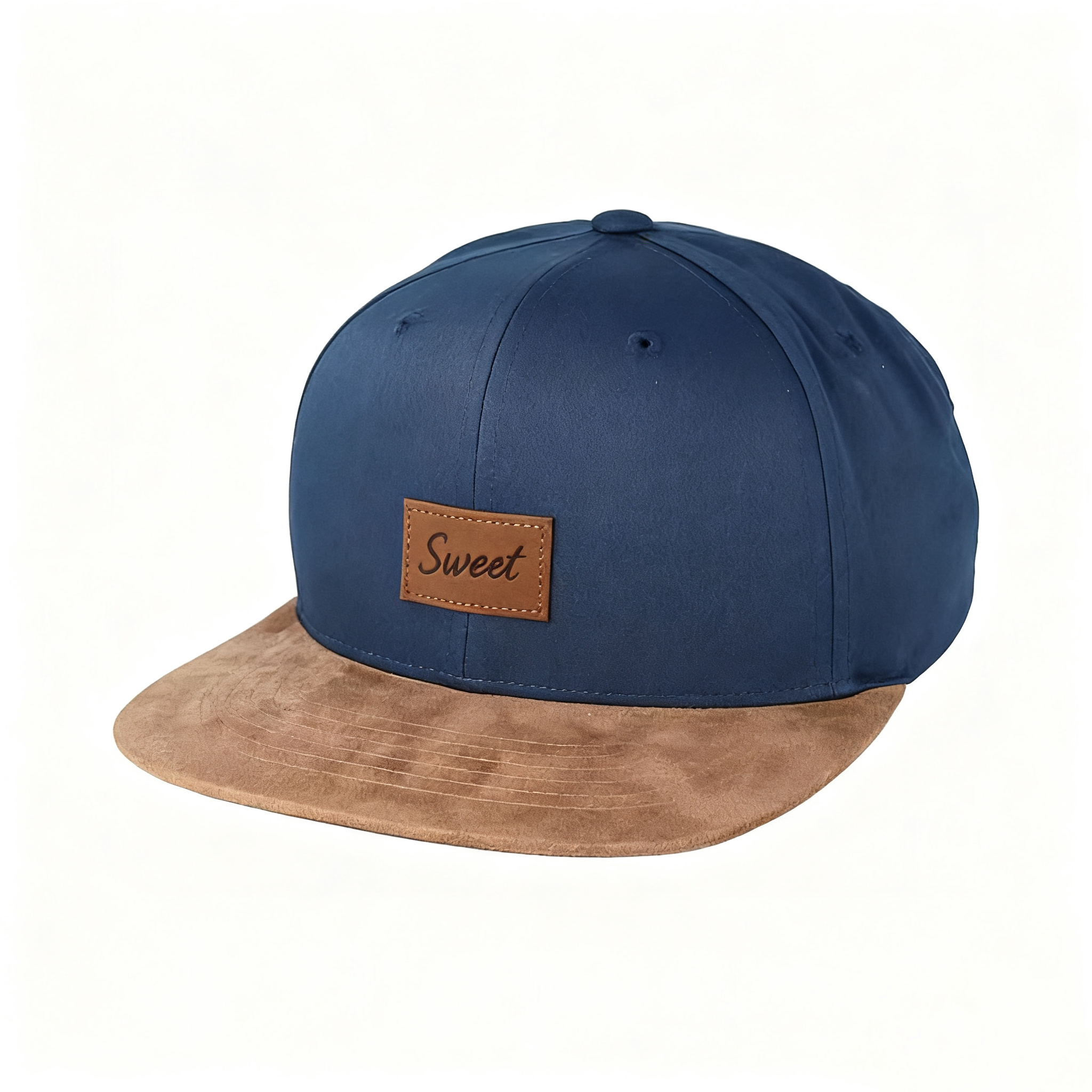 High Quality Custom Navy Brown Suede Flat Brim Adjustable Snapback Caps Unisex Two Tone 6 Panel Baseball Caps Blank Fashion