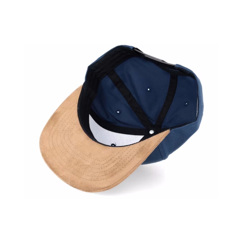 High Quality Custom Navy Brown Suede Flat Brim Adjustable Snapback Caps Unisex Two Tone 6 Panel Baseball Caps Blank Fashion