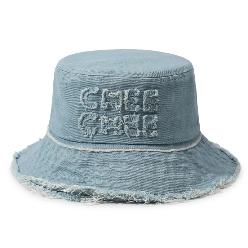 Fashionable Sun-protective Fisherman Hat with Washed-out Fringes of Denim Bucket Hat with a Basin-shaped Crown