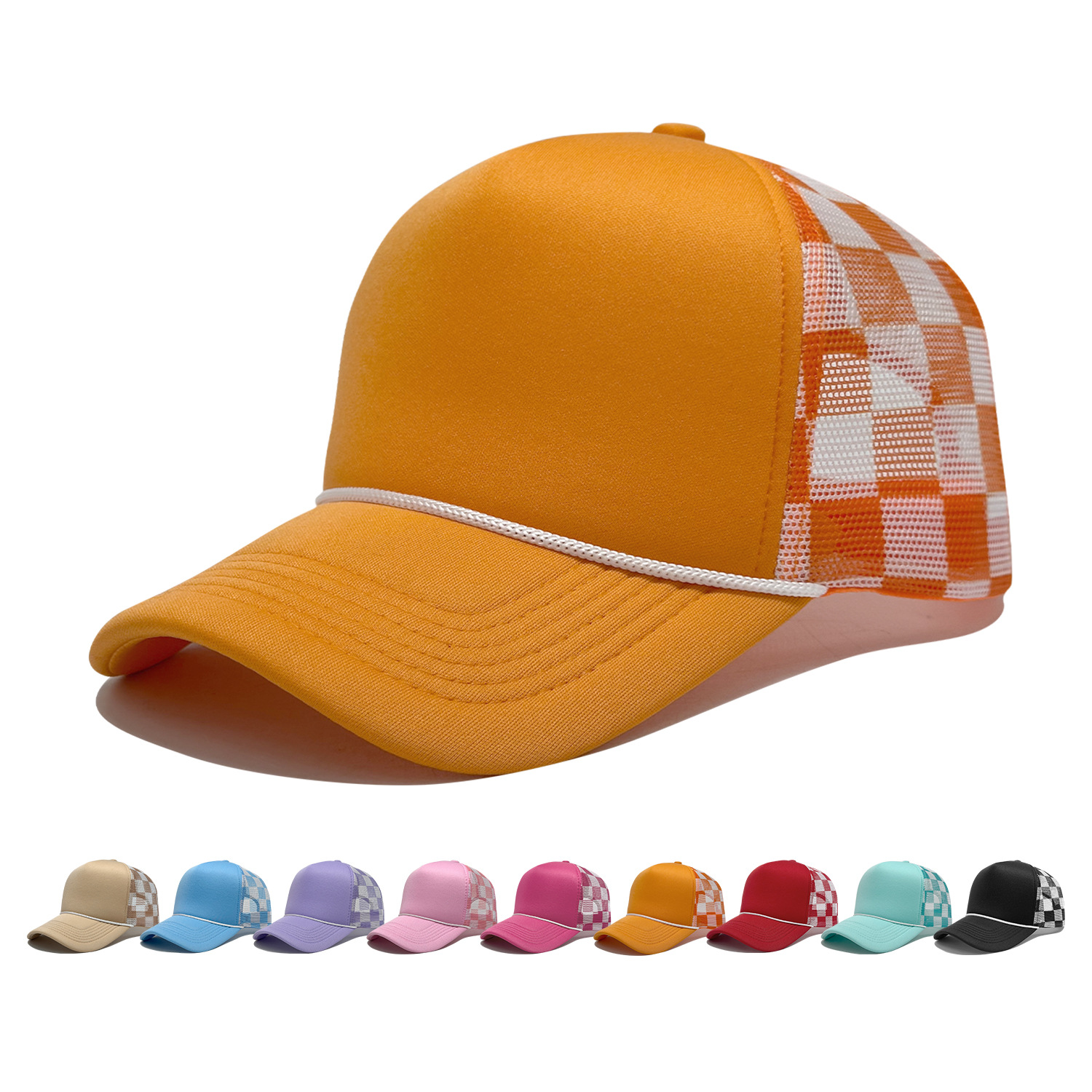 Customized Chessboard Pattern Sponge Net Cap with logo - Summer Breathable Trucker Hat for Men and Women Customizable logo