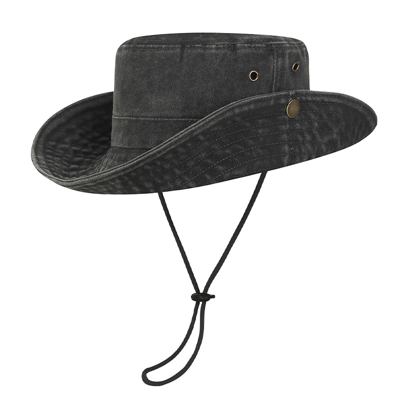 Spring New Style Washed-out Distressed Wide-brimmed Windproof Rope Fishing Hat for Outdoor Sun protection and Fishing