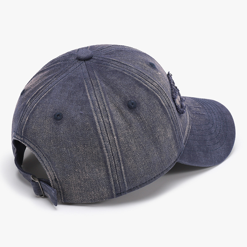 Retro Washed Denim Baseball Cap with Frayed Edges Soft Top Big Round Brim and Drawstring Chin Strap