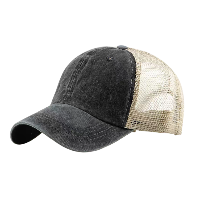 Washed Distressed Mesh 6-Panel Trucker Cap Breathable Adjustable Unisex Retro Dad Hat with Eyelet Ventilation for Sports & Beach
