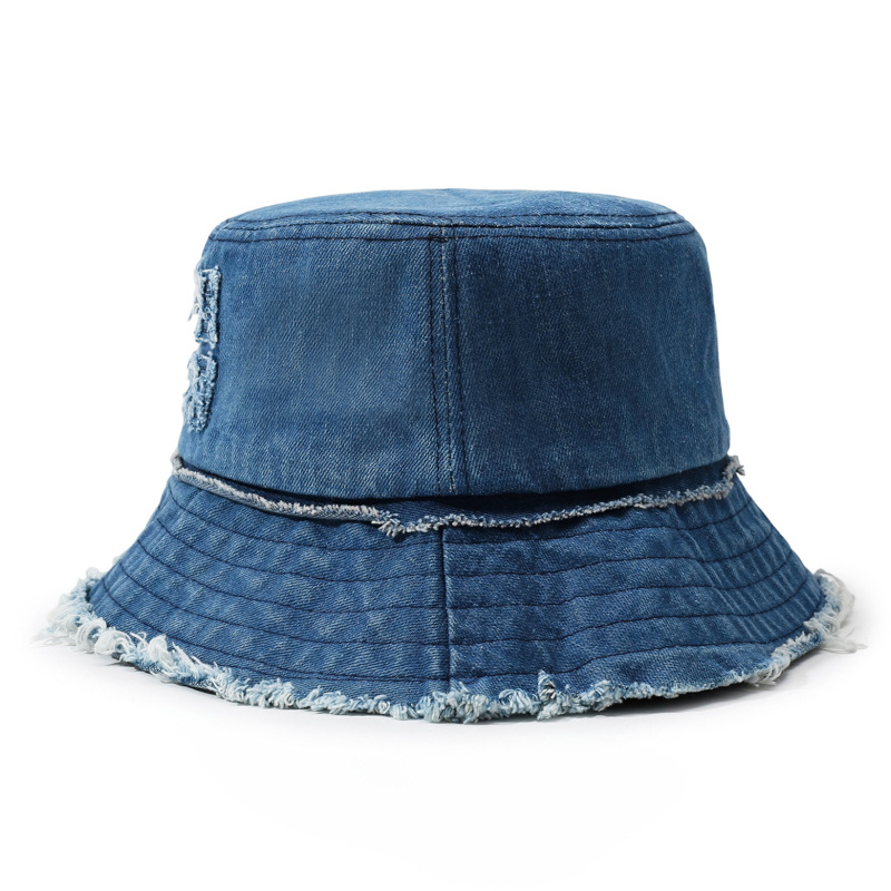 Fashionable Sun-protective Fisherman Hat with Washed-out Fringes of Denim Bucket Hat with a Basin-shaped Crown