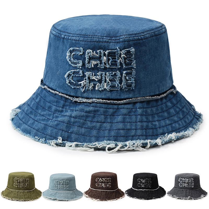 Fashionable Sun-protective Fisherman Hat with Washed-out Fringes of Denim Bucket Hat with a Basin-shaped Crown