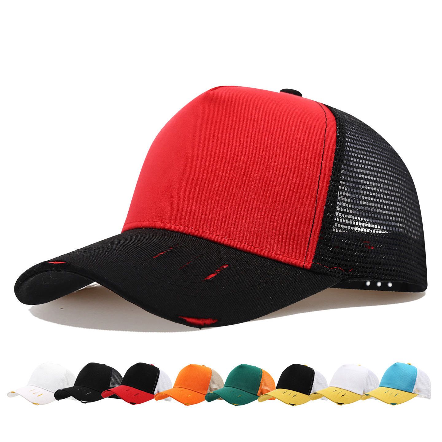 Washed Cotton Mesh Breathable Hole-ridden Vintage 5-Panel Adjustable Four Seasons Outdoor Truck Driver Hat
