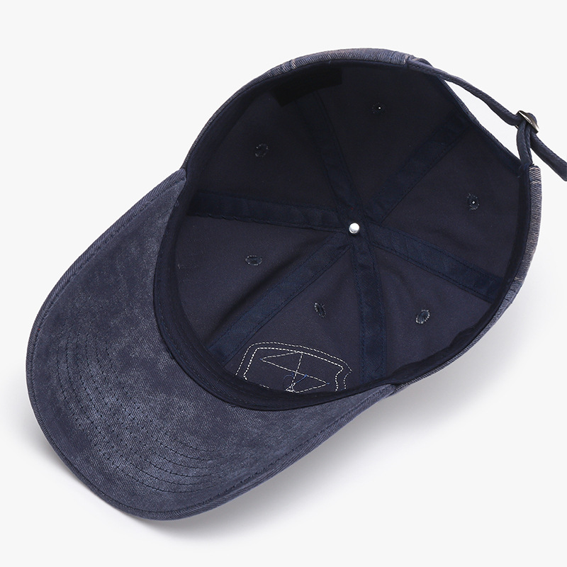 Retro Washed Denim Baseball Cap with Frayed Edges Soft Top Big Round Brim and Drawstring Chin Strap