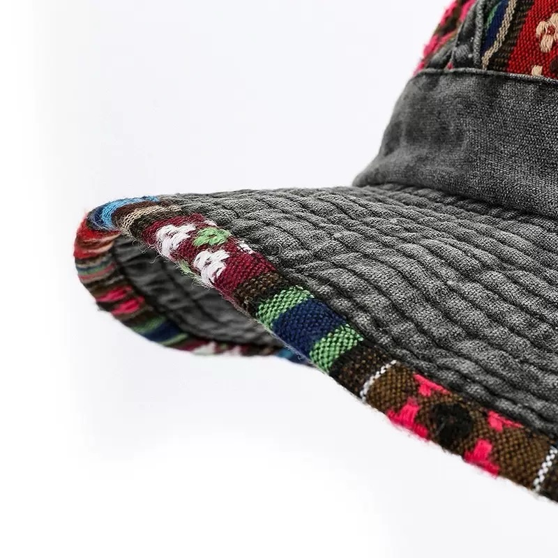 Cowboy Style Folk Embroidered Denim Fishing Hat Outdoor Sun Protection and Daily Cycling Shade for Travel