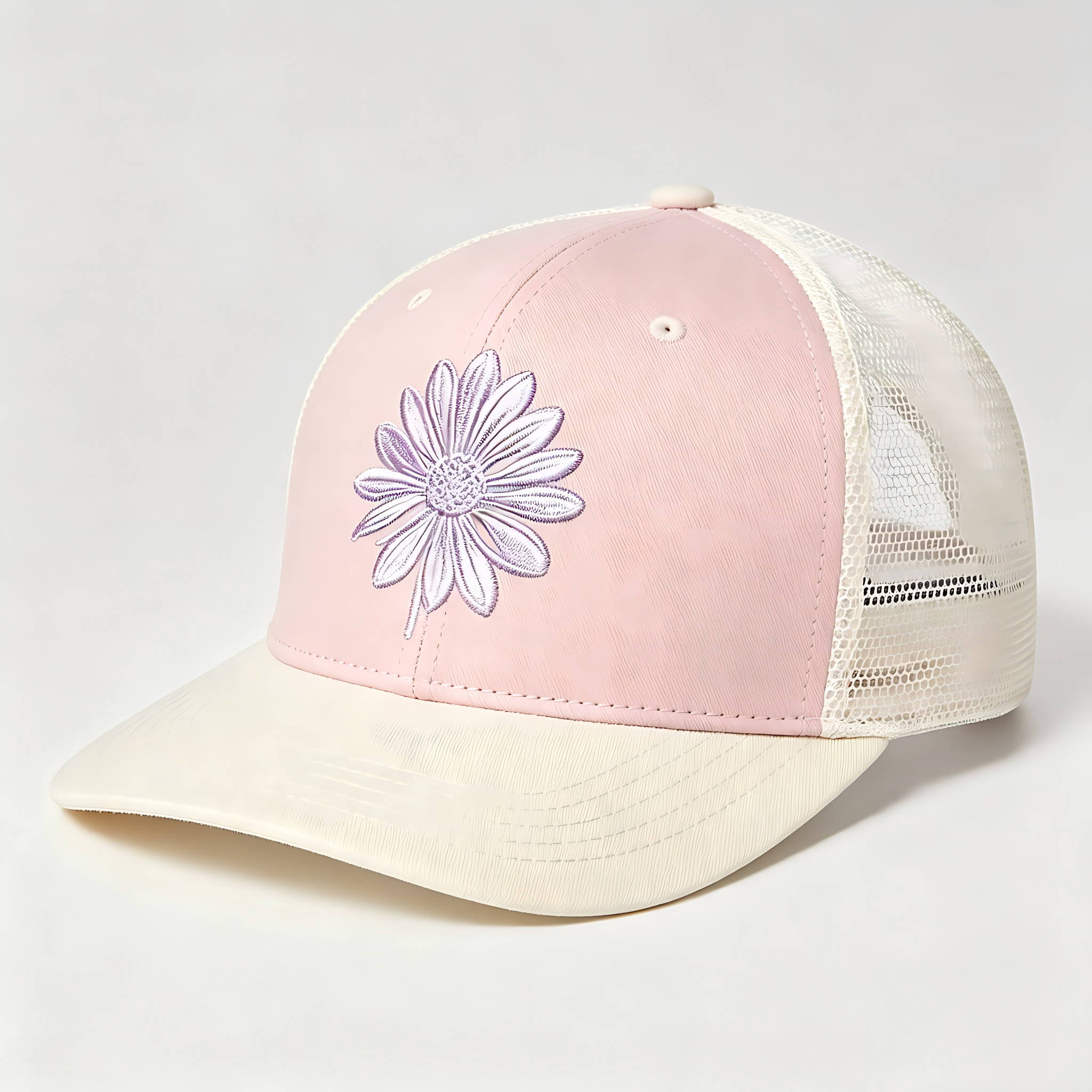 Wholesale Custom Color Block Mesh Trucker Hat Soft Purple Flower Embroidery Fashion Breathable Outdoor  Baseball Cap