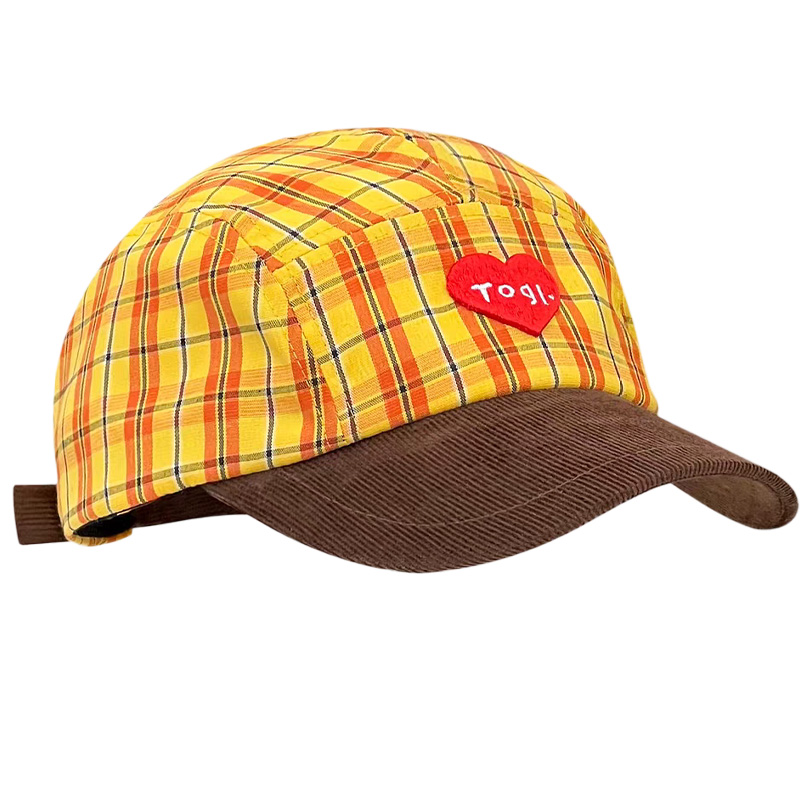 Yellow Plaid Heart Letter Patch Twill Dobby 5-Panel Corduroy Unstructured Unisex Retro Fashion Casual Baseball Cap
