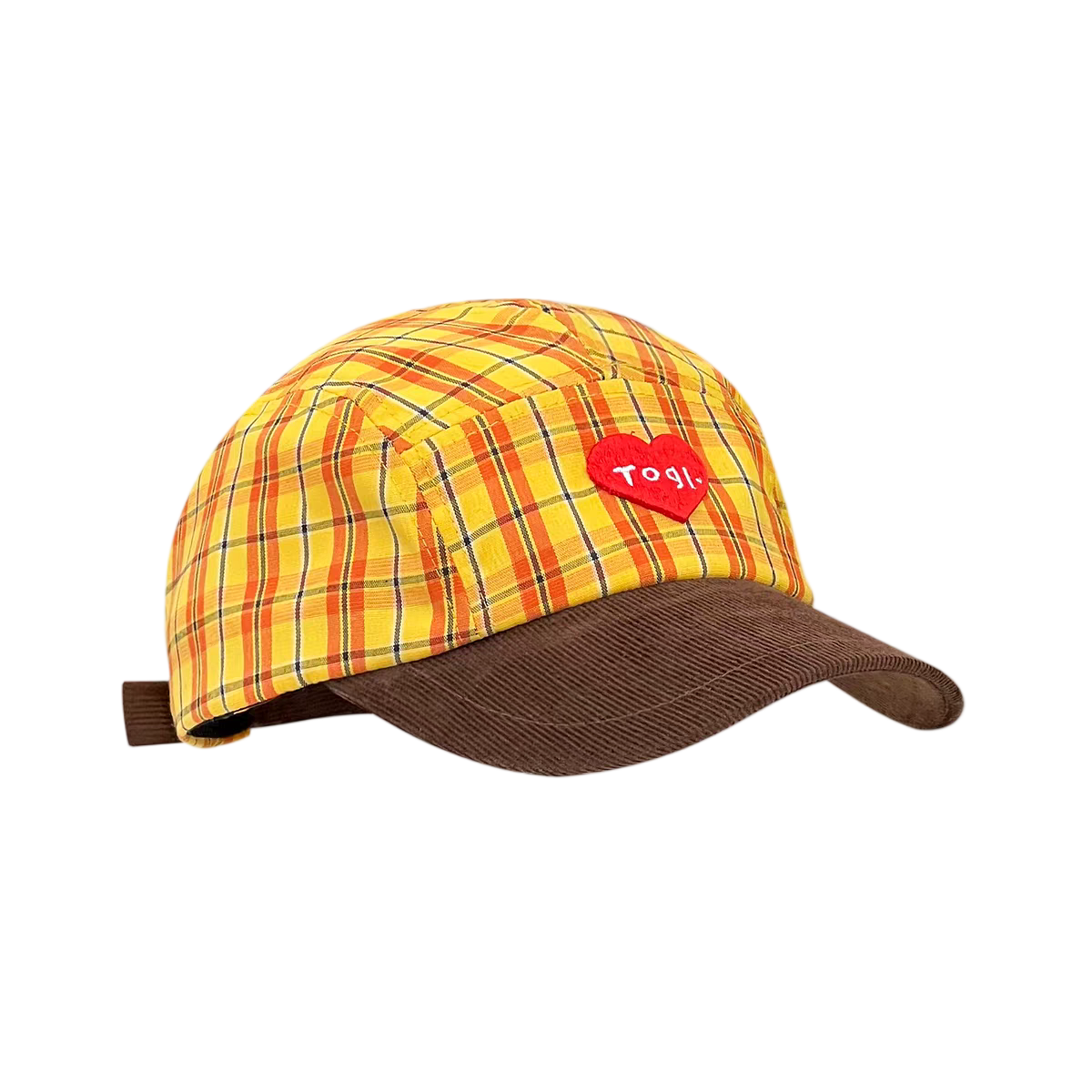 Yellow Plaid Heart Letter Patch Twill Dobby 5-Panel Corduroy Unstructured Unisex Retro Fashion Casual Baseball Cap