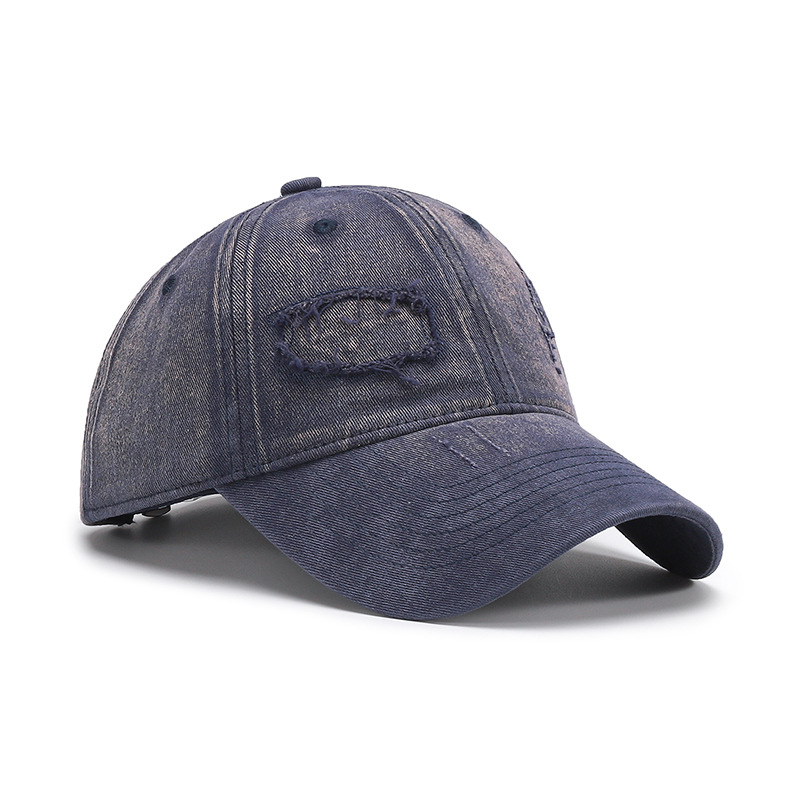 Retro Washed Denim Baseball Cap with Frayed Edges Soft Top Big Round Brim and Drawstring Chin Strap