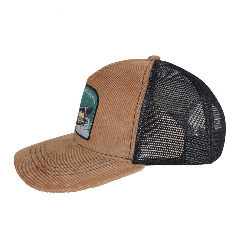 Manufacturer Animal Pattern Patch Flat Brim Snapback Corduroy Trucker Mesh Hat With Custom logo