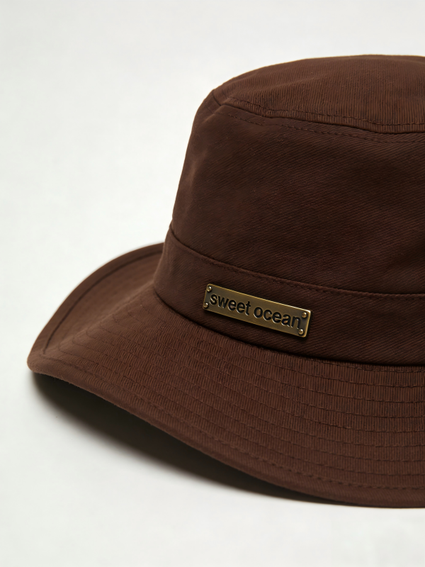 Premium Wide Brim Cotton Bucket Hat for Men Women Custom Metal Plaque Logo Sweet Ocean Fashion Summer Sun Hat with Satin Lining