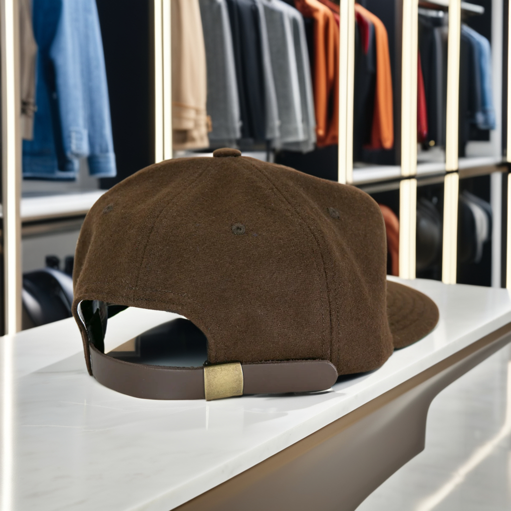 Custom Flat Brim Wool Blend Unstructured Snapback Cap 6 Panel Brown Flocking Patch logo Felt Snapback Hats