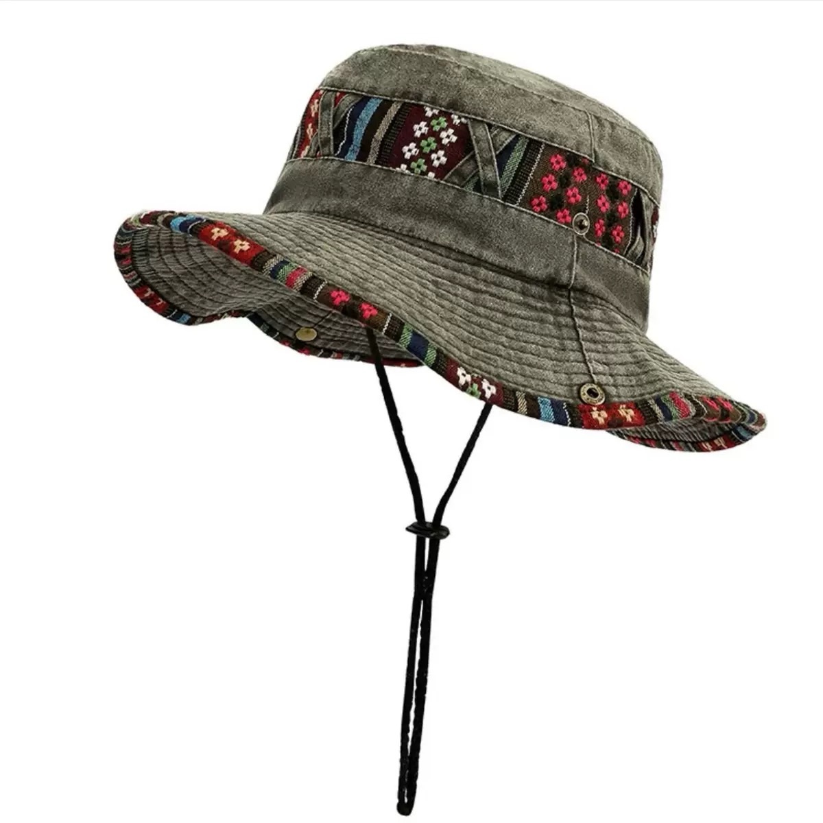 Cowboy Style Folk Embroidered Denim Fishing Hat Outdoor Sun Protection and Daily Cycling Shade for Travel