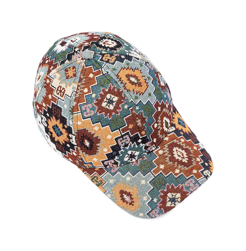 6-Panel Cotton Vintage Bohemian Tapestry Baseball Cap Silver Copper Buckle Adjustable Curved Image Print Casual Fashion