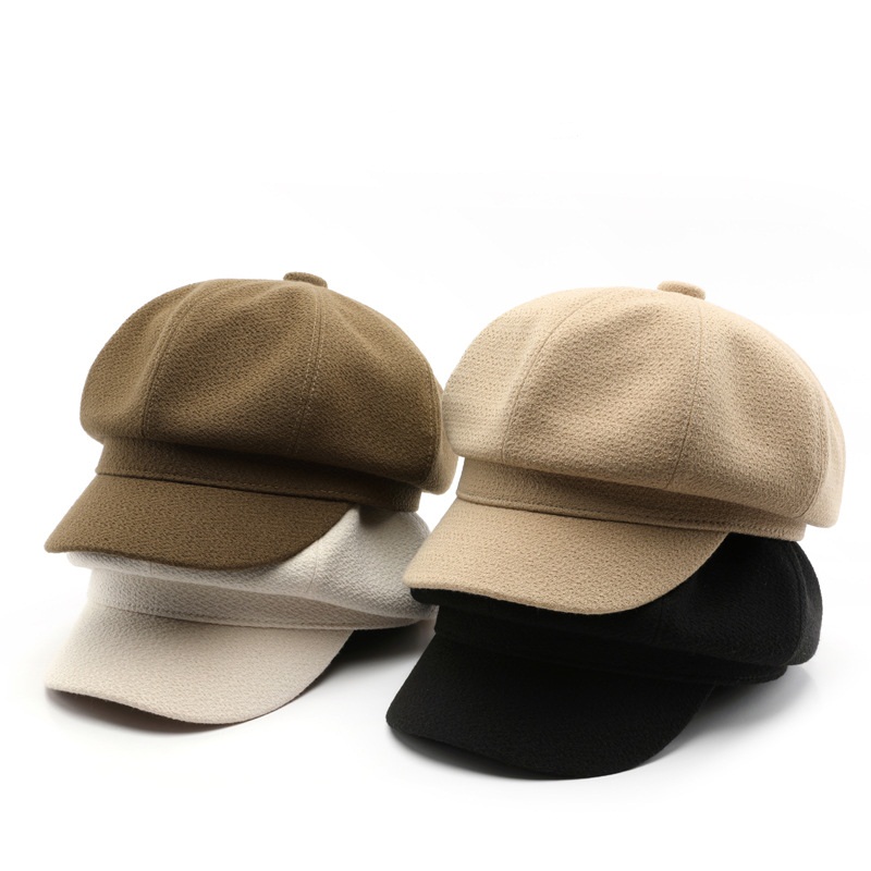 Customized Winter Warm Wool Felt Beret Hat for Women Solid Color Vintage Octagonal Plush Cap for Daily Party Casual Travel