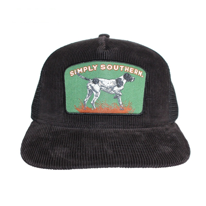 Manufacturer Animal Pattern Patch Flat Brim Snapback Corduroy Trucker Mesh Hat With Custom logo