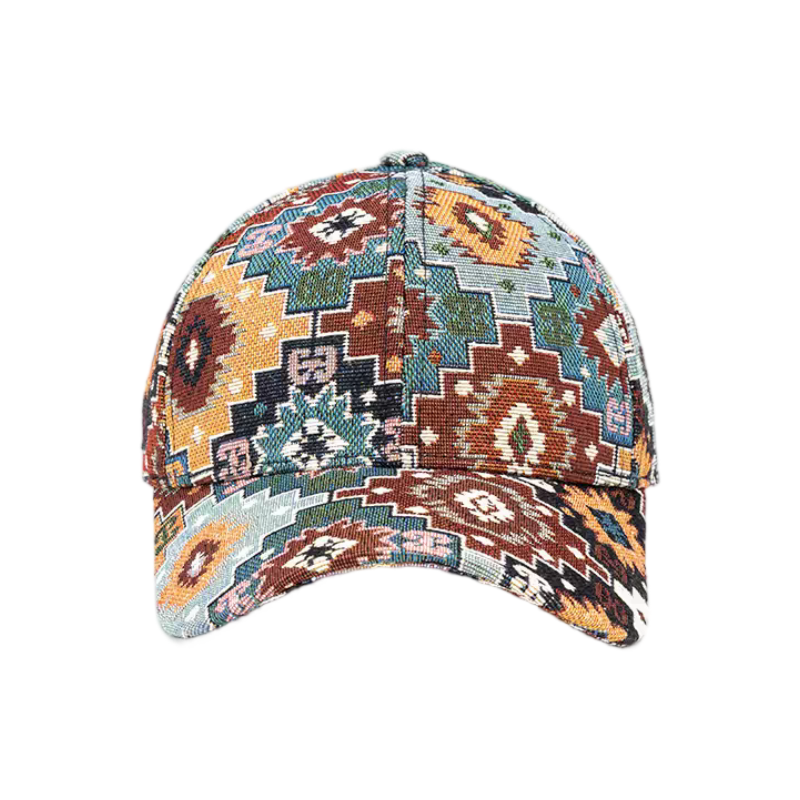6-Panel Cotton Vintage Bohemian Tapestry Baseball Cap Silver Copper Buckle Adjustable Curved Image Print Casual Fashion