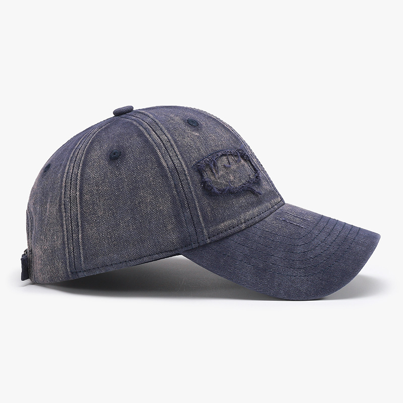 Retro Washed Denim Baseball Cap with Frayed Edges Soft Top Big Round Brim and Drawstring Chin Strap
