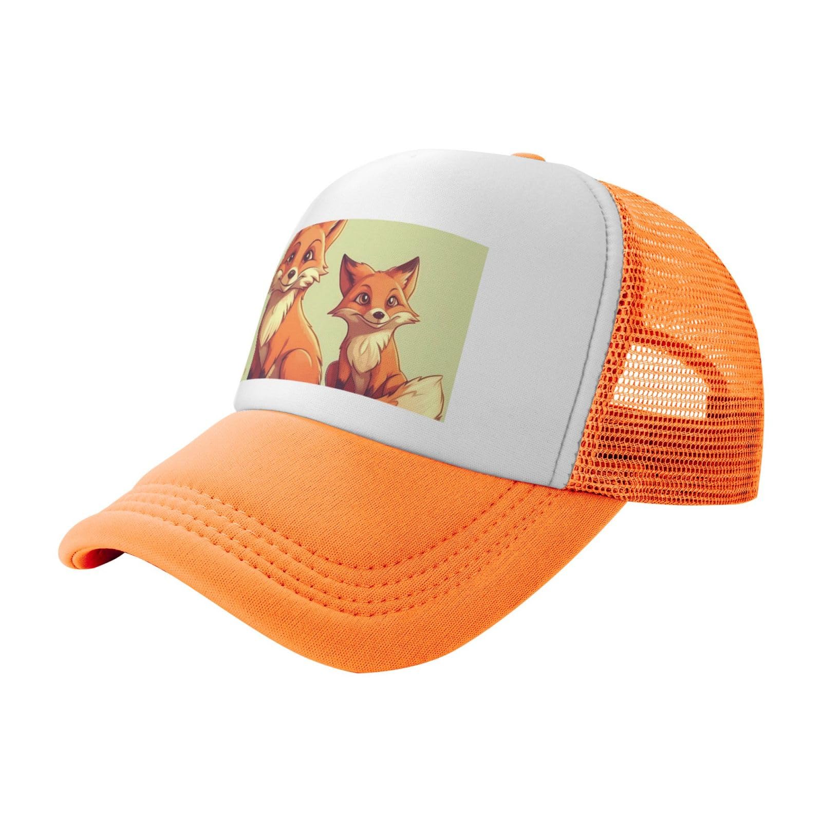 Unisex Adjustable Cowboy Trucker Hat 100% Cotton with Two Cartoon Foxes Design for Fishing & Outdoor Activities