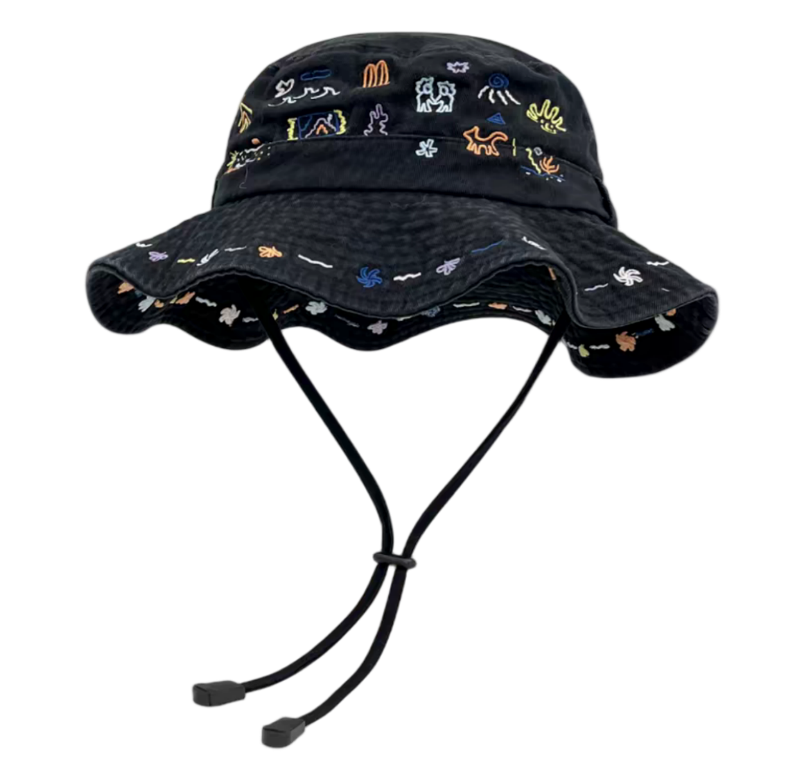 Black 3D Embroidered Denim Bucket Hat Outdoor Sun Hat with Chin Strap for Men and Women