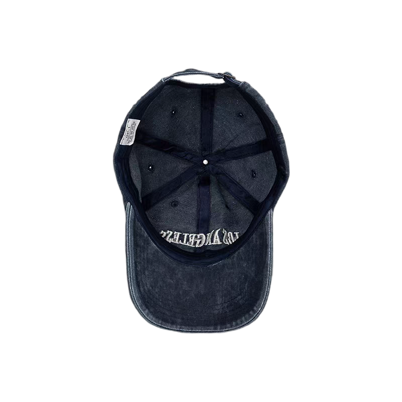 Vintage Washed 6-Panel Denim Baseball Cap with Embroidered Letter Image Adjustable Silver Copper Buckle Closure Unisex Dad Hat