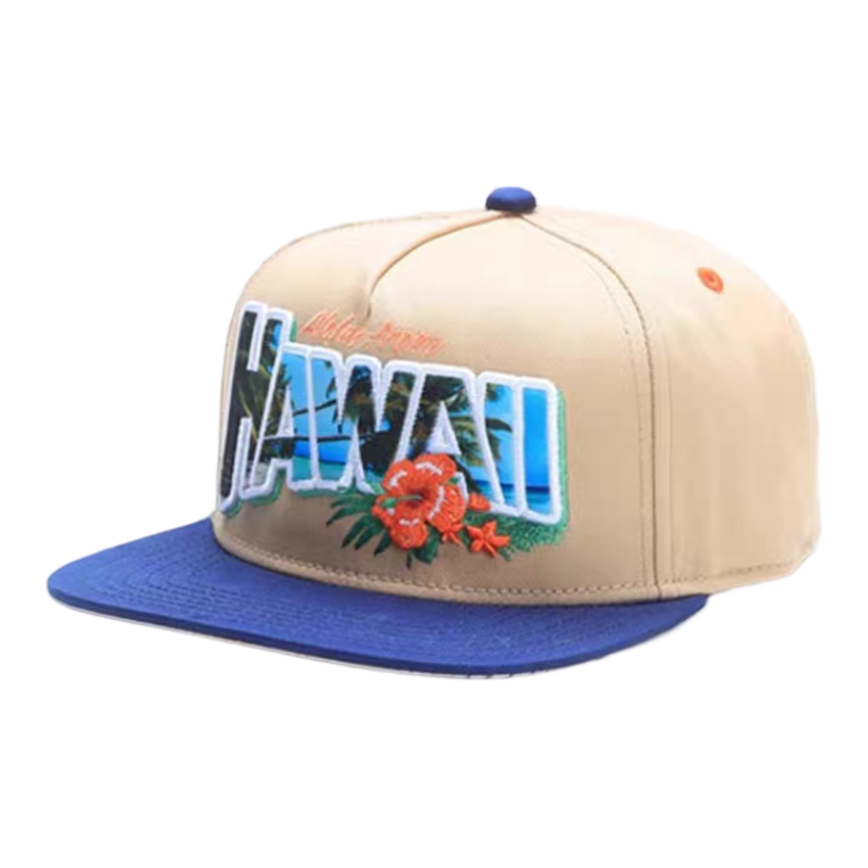 Hawaii 3D Embroidered Suede Flat Brim Snapback Cap Tropical Vacation Adjustable Hat