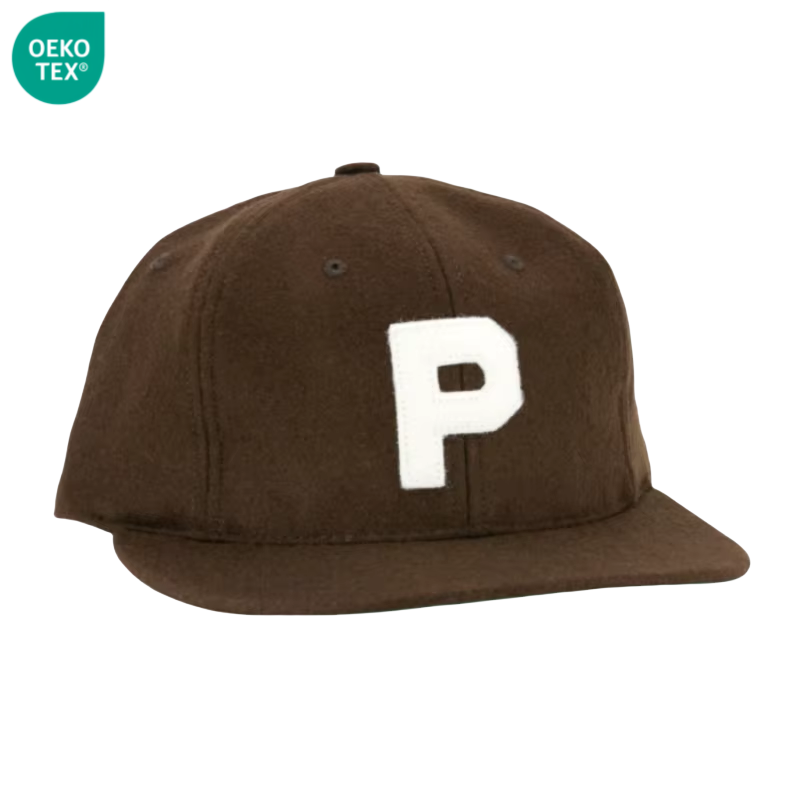 Custom Flat Brim Wool Blend Unstructured Snapback Cap 6 Panel Brown Flocking Patch logo Felt Snapback Hats