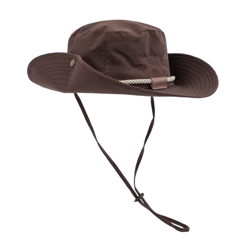 Brown Outdoor Sun Protection Bucket Hat Wide Brim Water Resistant with Chin Strap for Hiking Fishing