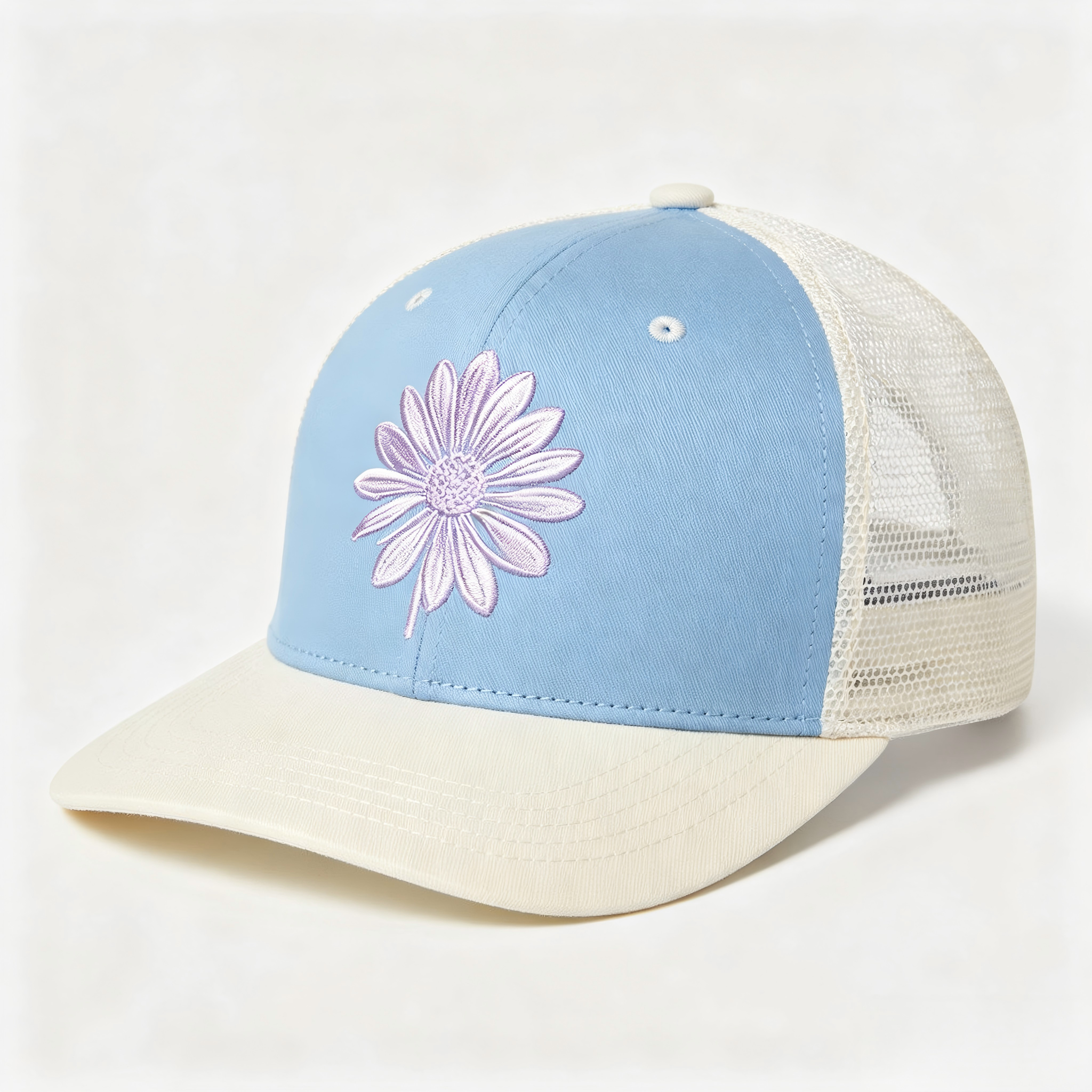 Wholesale Custom Color Block Mesh Trucker Hat Soft Purple Flower Embroidery Fashion Breathable Outdoor  Baseball Cap