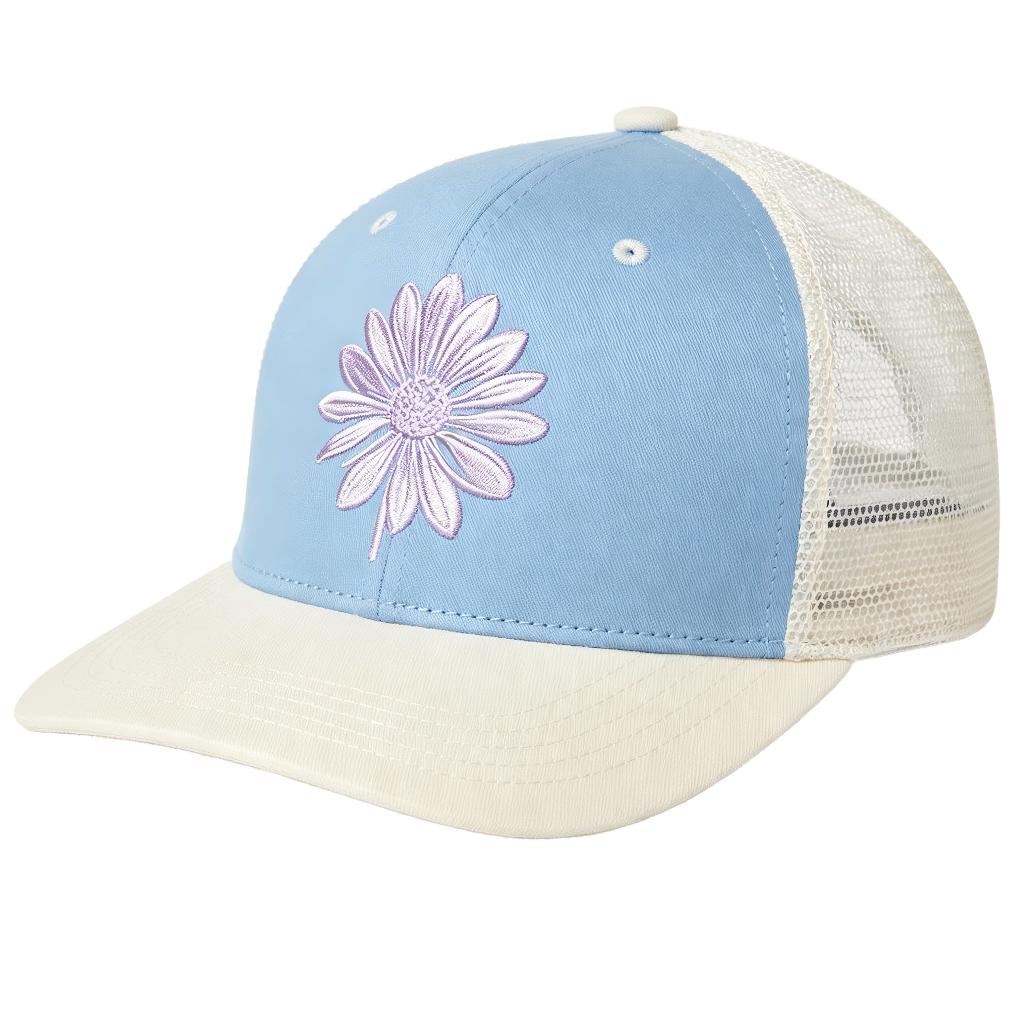 Wholesale Custom Color Block Mesh Trucker Hat Soft Purple Flower Embroidery Fashion Breathable Outdoor  Baseball Cap