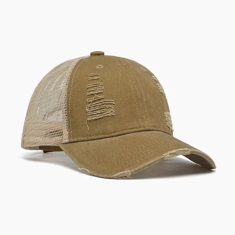 6-Panel Mesh Distressed Trucker Hat-Unisex Adjustable Cotton Casual Fashion Sporty Headwear with 3D Embroidery
