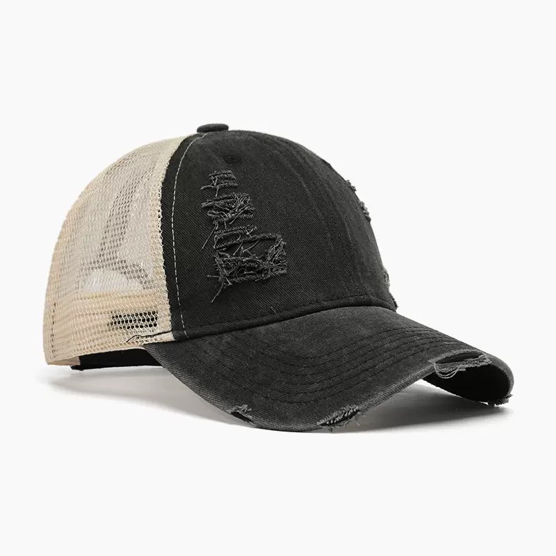 6-Panel Mesh Distressed Trucker Hat-Unisex Adjustable Cotton Casual Fashion Sporty Headwear with 3D Embroidery