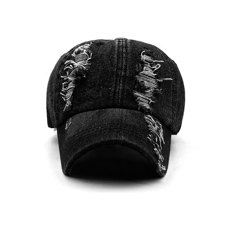 Customizable Vintage Washed Cotton Dad Hat Sporty Street Style Ripped Embroidered Logo Baseball Cap Fashion Denim Sport Cap