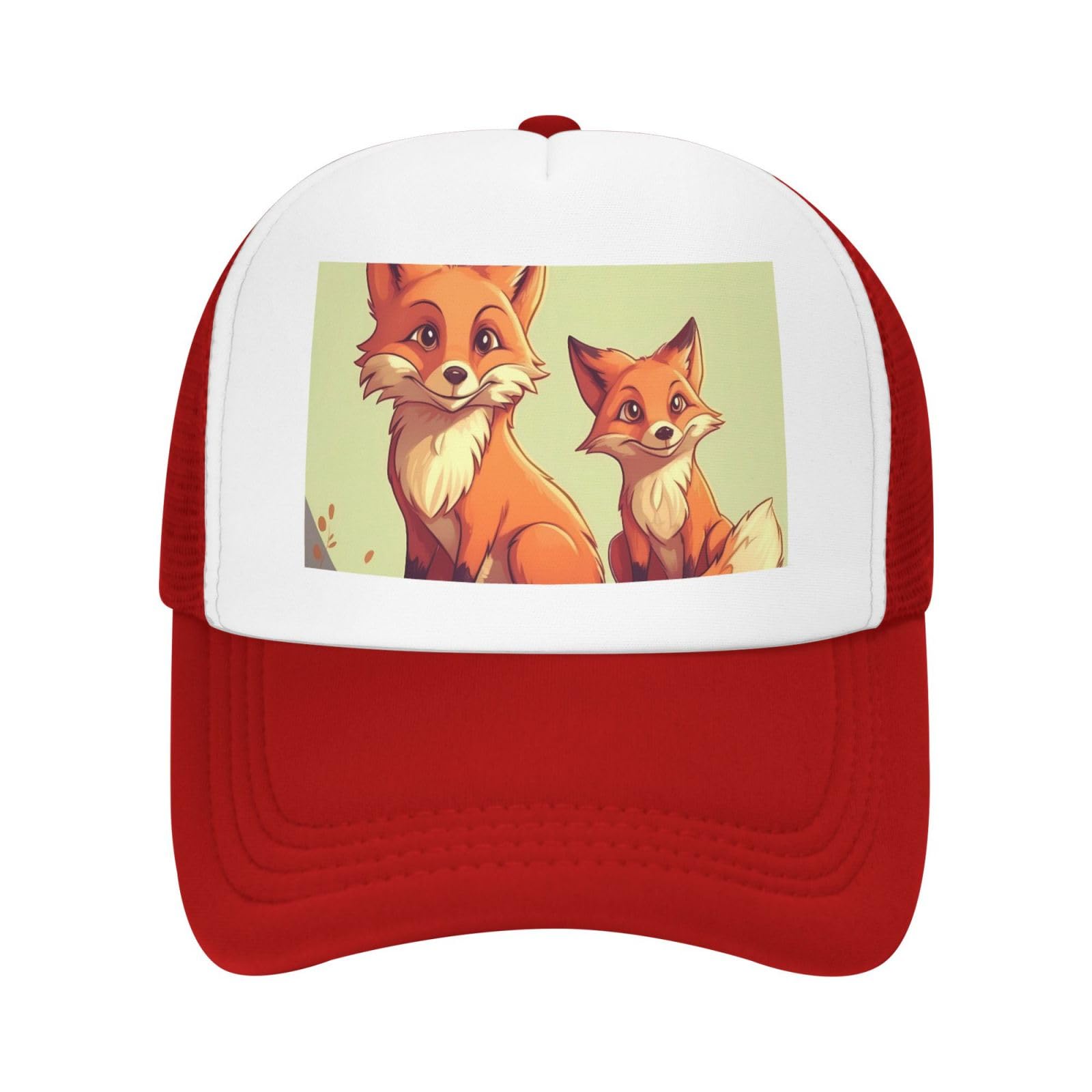 Unisex Adjustable Cowboy Trucker Hat 100% Cotton with Two Cartoon Foxes Design for Fishing & Outdoor Activities