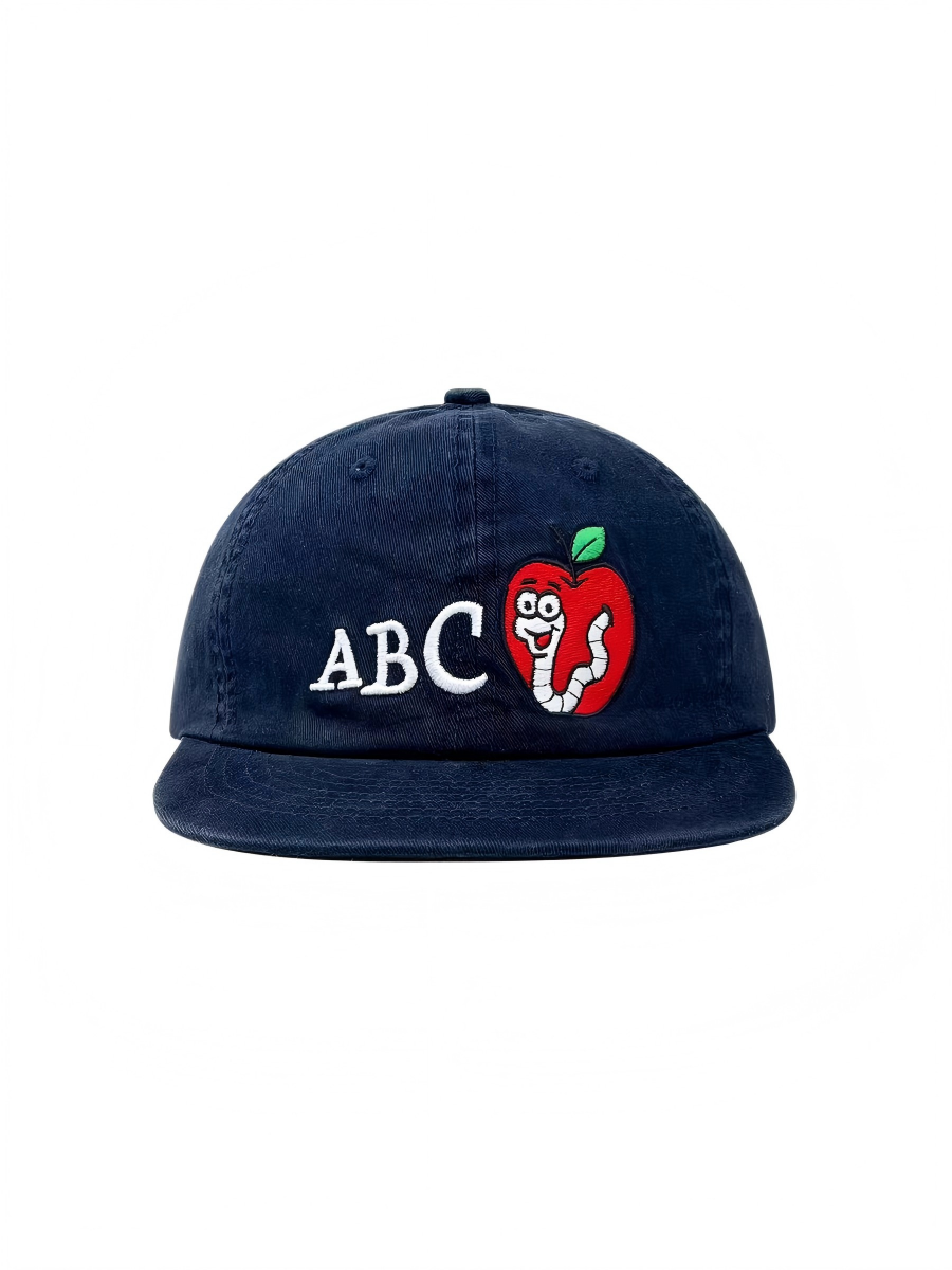 2026 New Navy Blue 6-Panel 100% Cotton ABC Apple Worm Embroidery Flat Brim Baseball Cap Unisex Adjustable Hip Hop Sports Casual