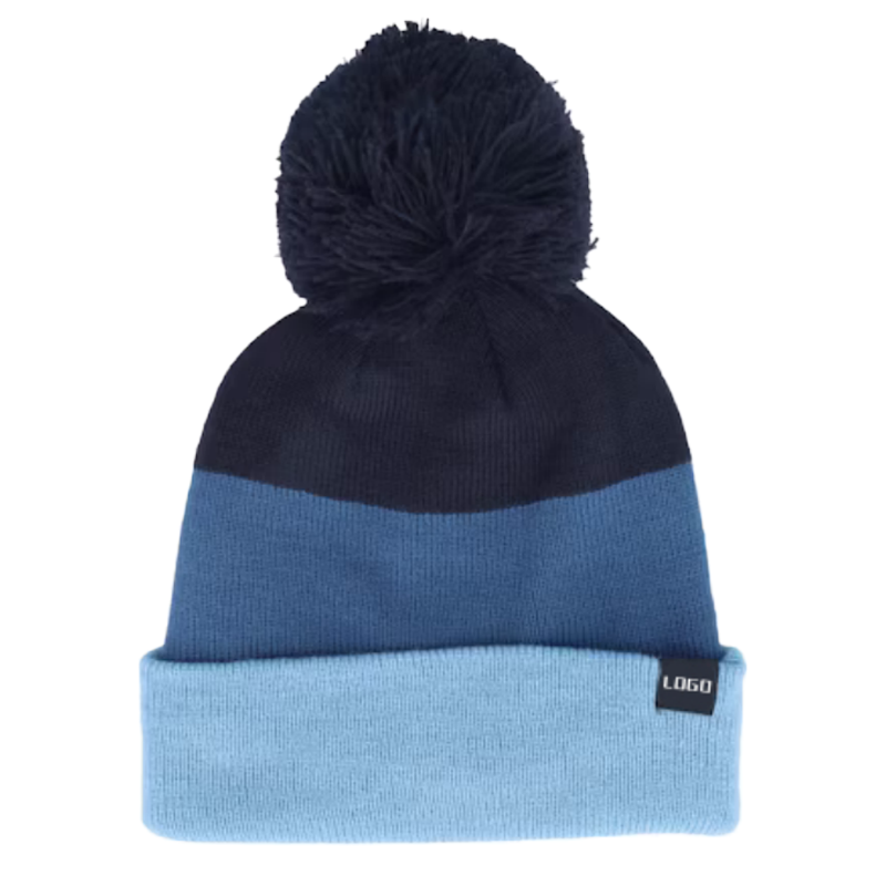 Colorblock Classic Beanie With Pom Warm Knit Skull Cap Soft Cuff Beanie Custom Embroidery Logo Daily Winter Hats for Women Men