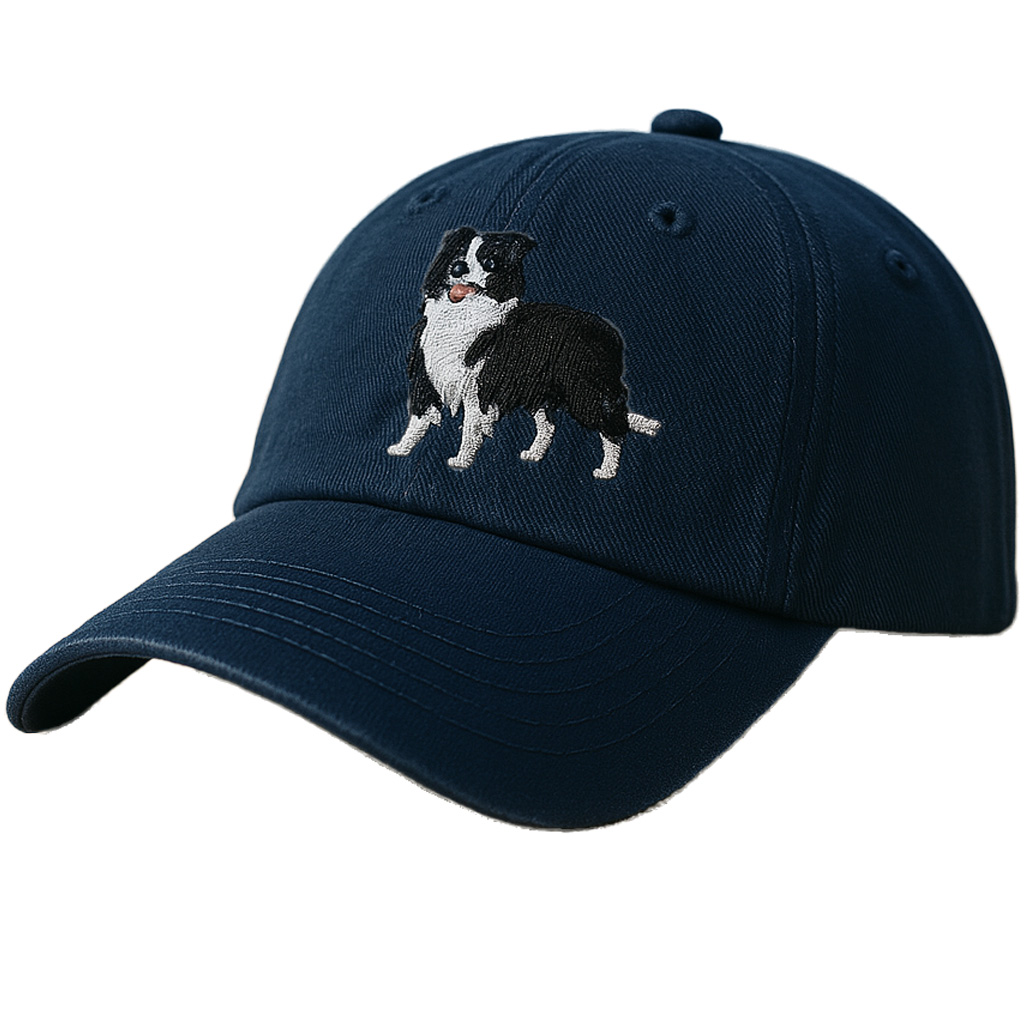 Men's Border Collie Embroidered Dark Blue Adjustable Cotton Denim Baseball Cap