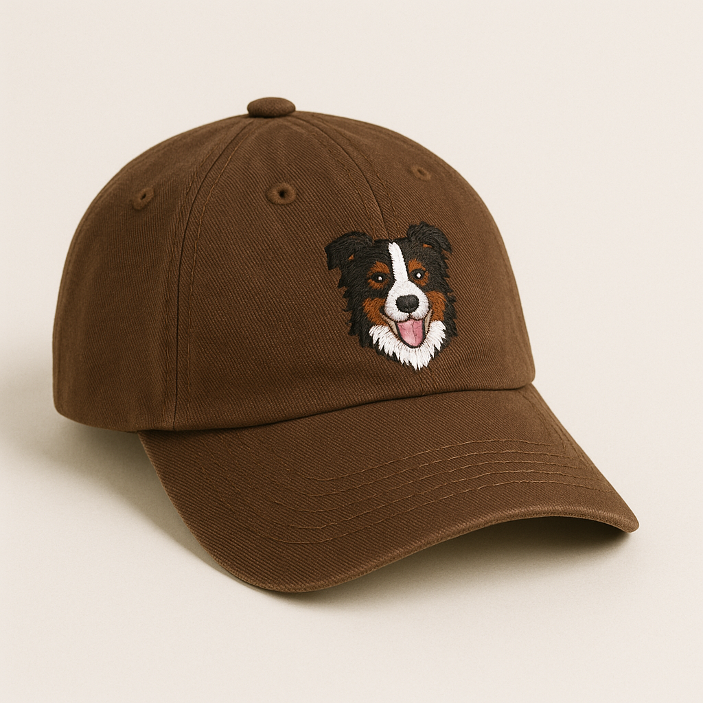 Men's Border Collie Embroidered Dark Brown Adjustable Cotton Denim Baseball Cap