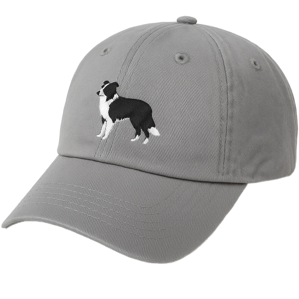 Gray Cotton Embroidered Border Collie Baseball Cap Adjustable Unisex Casual Outdoor Hat