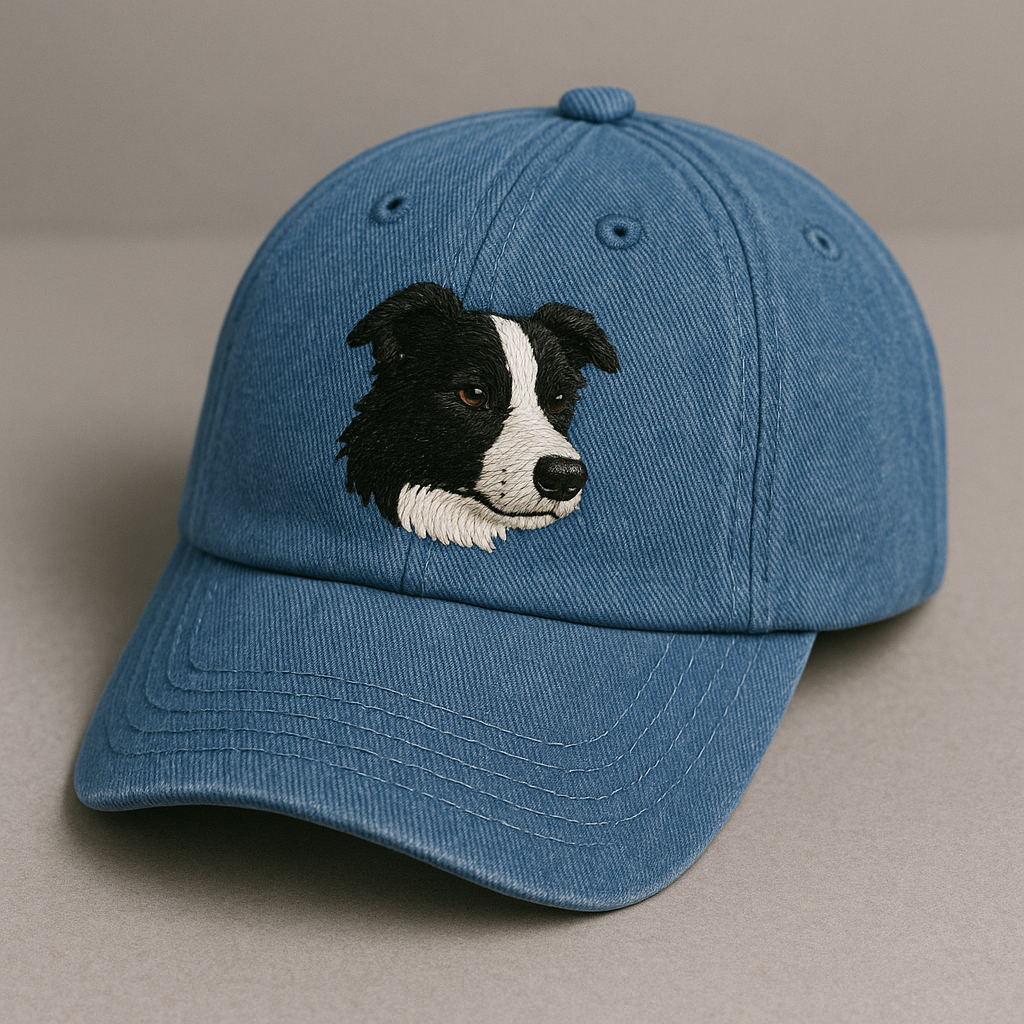 Men's Border Collie Embroidered Gray Adjustable Cotton Denim Baseball Cap