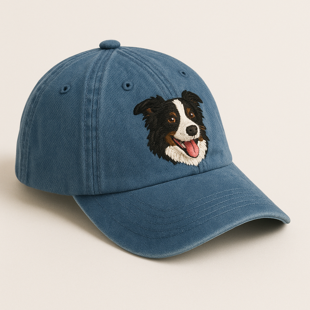 Men's Border Collie Embroidered Gray Adjustable Cotton Denim Baseball Cap